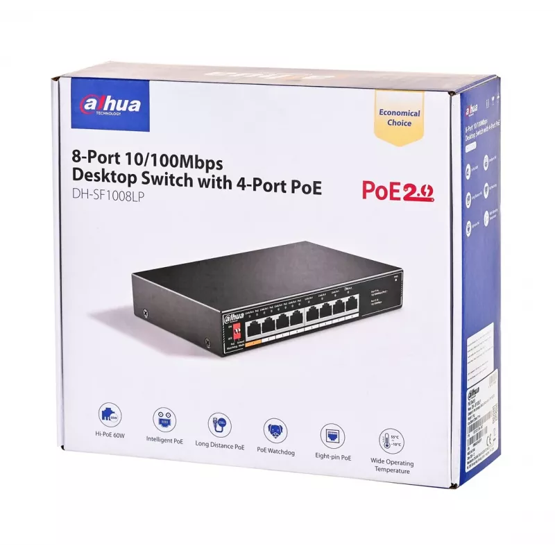 Dahua Technology PoE SF1008LP Switch no gestionado L2 Fast Ethernet (10/100) Power over Ethernet (PoE) Negro