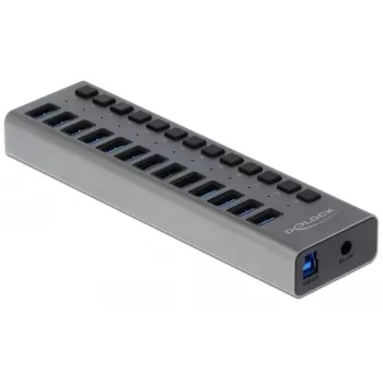 DeLOCK hub externo USB 5 Gbit/s con 13 puertos + interruptor, USB 3.2 Gen 1 (3.1 Gen 1) Type-B, USB 3.2 Gen 1 (3.1 Gen 1) Type-A, 5000 Mbit/s, gris, aluminio, 1 m
