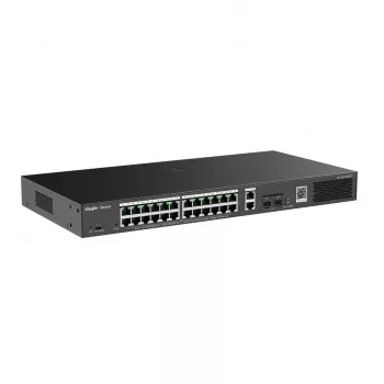 Switch gestionado RUIJIE RG-ES228GS-P — 26x Gigabit RJ-45, 24x puertos PoE, presupuesto PoE 370W, 2x SFP, montaje en rack metálico