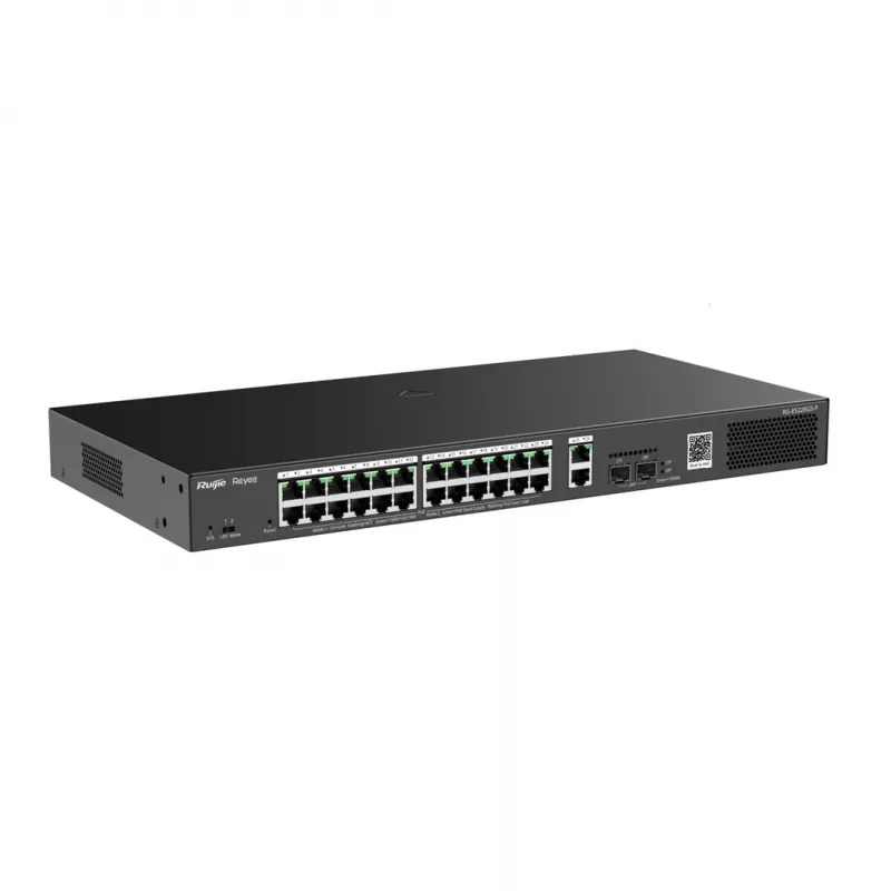Switch gestionado RUIJIE RG-ES228GS-P — 26x Gigabit RJ-45, 24x puertos PoE, presupuesto PoE 370W, 2x SFP, montaje en rack metálico