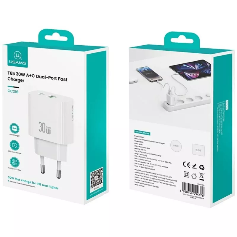Cargador usams USA001632 30W 1×USB-C 1×USB-A carga rápida