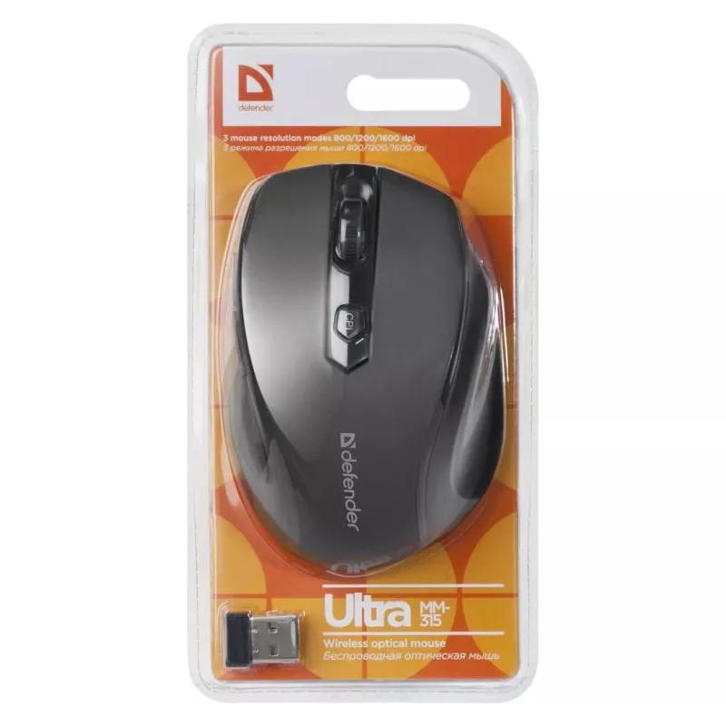 Ratón óptico inalámbrico RF para diestros DEFENDER ULTRA MM-315 — 1600 DPI, 6 botones, receptor USB, negro
