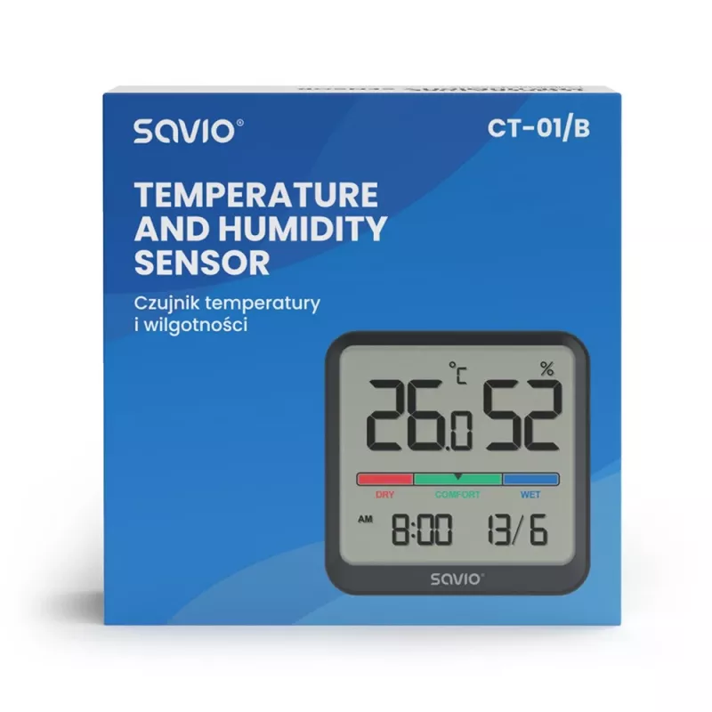 Savio CT-01/B sensor inalámbrico de temperatura y humedad para interior, LCD, reloj, fecha, soporte magnético, negro