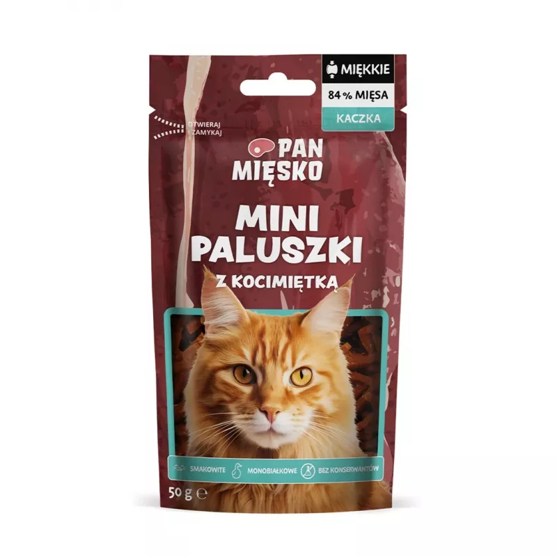 Pan Miesko Mini-Duck Sticks con hierba gatera 50 g — snack hipoalergénico, sin cereales ni soja para gatos adultos