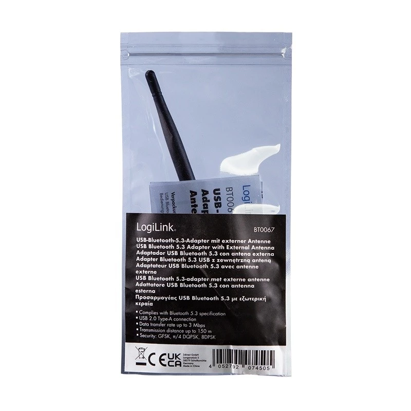 LogiLink USB - Adaptador Bluetooth 5.3 con antena, negro alcance: 150 m, conexión: conector USB-A, Bluetooth - 1 unidad (BT0067)