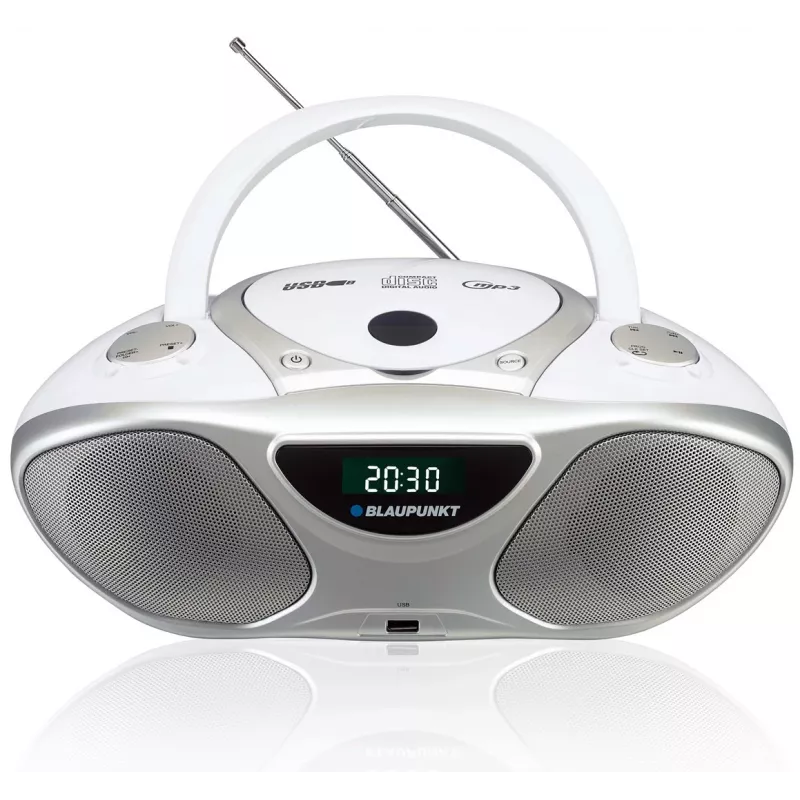 Grabador de CD BLAUPUNKT BB14WH — grabador de CD con reproducción MP3, USB, LCD, reloj, altavoces de 2x1 W, plateado/blanco