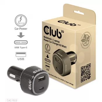 Cargador de coche para portátil CLUB3D 63 vatios, Coche, Mechero, 24 V, Negro