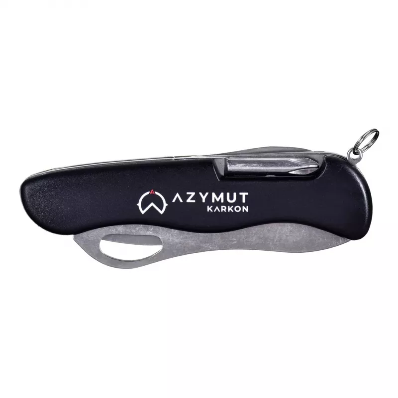 Navaja AZYMUT HK20018 — multiusos de tamaño completo, 9 funciones, acero inoxidable 420J2/3CR13, cerrada 11 cm, 146 g, funda de cuero, llavero