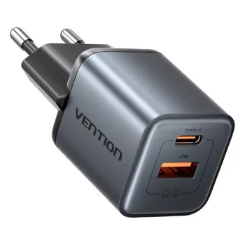Cargador GaN Vention FEWH0-EU 30W — 1× USB-C, 1× USB-A, 30 W, negro