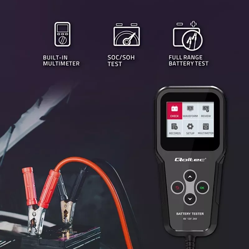 Qoltec 52489 Analizador y comprobador digital de baterías 3-en-1 con LCD y multilingüe 6V | 12V | 24V | 30Ah-200Ah