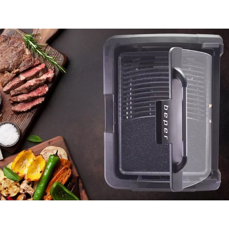 Beper 90.871 barbacoa eléctrica, placa antiadherente de 39 x 29 cm, tapa de cristal, 2200 W, negra