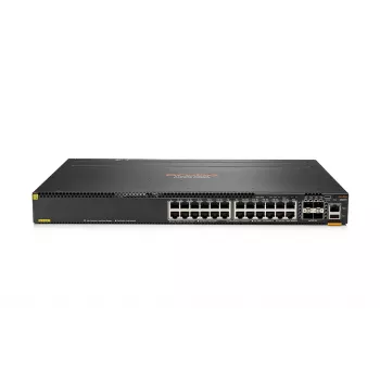 HPE - Aruba 6300M - Switch - L3 - gestionado - 48 x 10/100/1000 (1 PoE+) + 4 x 1 Gigabit / 10 Gigabit / 25 Gigabit / 50 Gigabit SFP56 (Uplink / Stacking) frontal y lateral a posterior