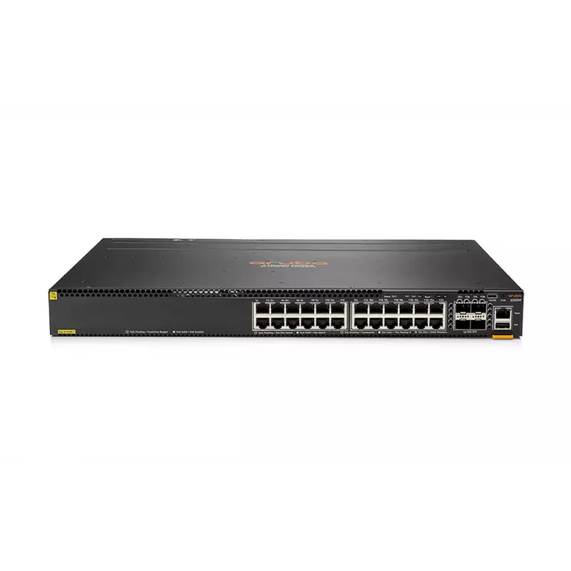HPE - Aruba 6300M - Switch - L3 - gestionado - 48 x 10/100/1000 (1 PoE+) + 4 x 1 Gigabit / 10 Gigabit / 25 Gigabit / 50 Gigabit SFP56 (Uplink / Stacking) frontal y lateral a posterior