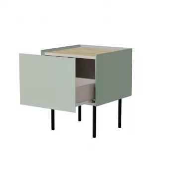 Mesita de noche Cama Meble FELLINI 40x41x60, oliva con tablero de roble aceitado, 1 cajón, pack de 2