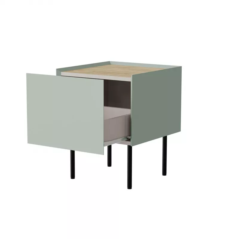 Mesita de noche Cama Meble FELLINI 40x41x60, oliva con tablero de roble aceitado, 1 cajón, pack de 2