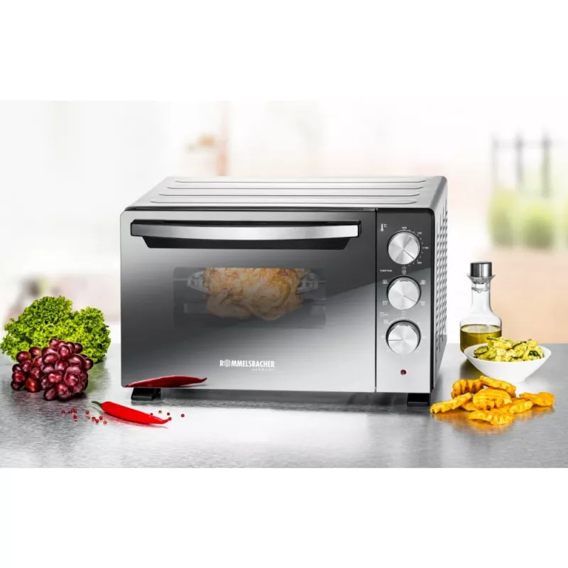 Mini horno Rommelsbacher BGS 1400, 18 L, 230 °C, 5 modos de cocción, asador giratorio, plateado/negro