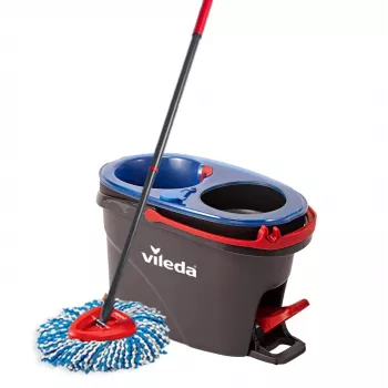 Vileda H2PrO Spin Mop set, fregona rotativa con sistema de dos depósitos y mango telescópico, microfibra, negro/rojo/azul