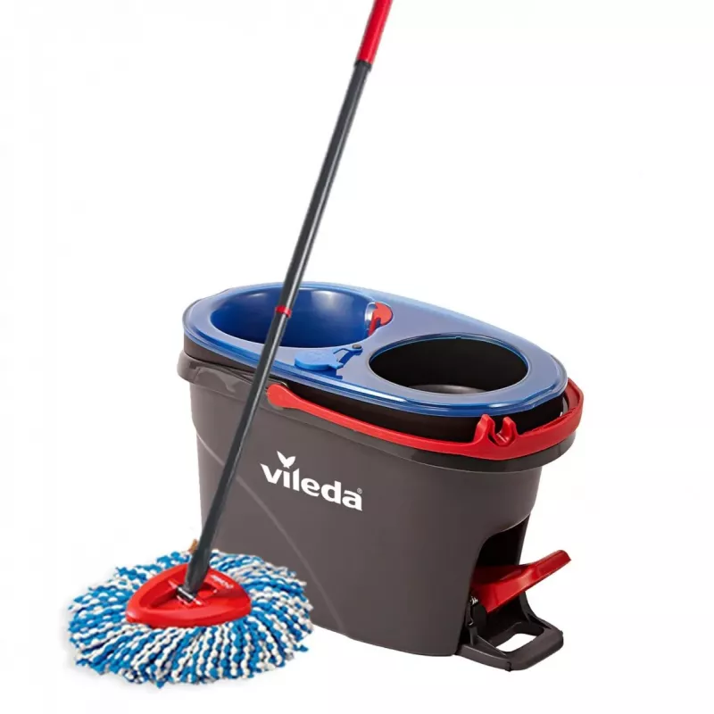 Vileda H2PrO Spin Mop set, fregona rotativa con sistema de dos depósitos y mango telescópico, microfibra, negro/rojo/azul