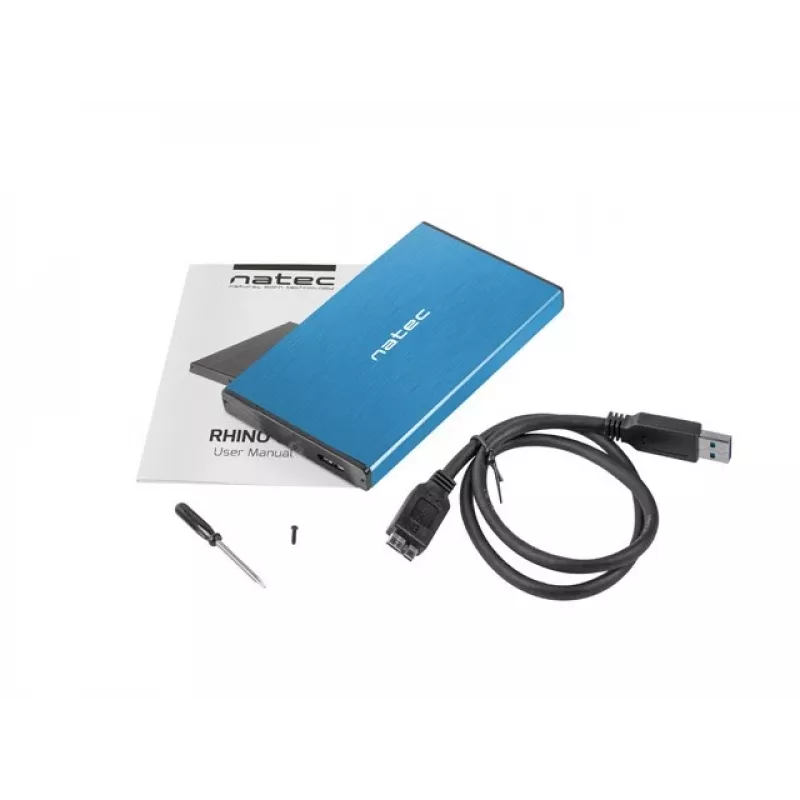 Caja externa HDD/SSD NATEC Rhino GO 2,5 pulgadas — USB 3.0, SATA III, hasta 4 TB, 9,5 mm, aluminio, azul