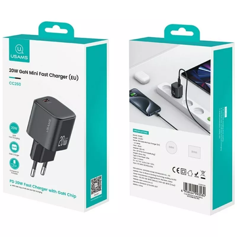Cargador usams USA001627 20W 1×USB‑C con cable USB‑C — adaptador de carga rápida para teléfonos y tablets