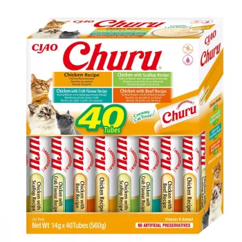 Snack para gatos INABA Churu Variety Box — snack de pasta de pollo, 40 × 14 g, sin cereales, sin gluten y sin soja