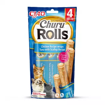 INABA Churu Rolls Receta de pollo envuelto de atún con receta de vieira - Snacks para gatos - 4x10 g