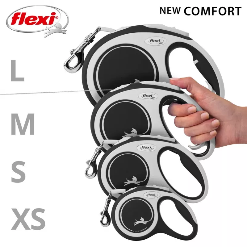 Flexi New COMFORT 8 m negra, correa retráctil gris para perro