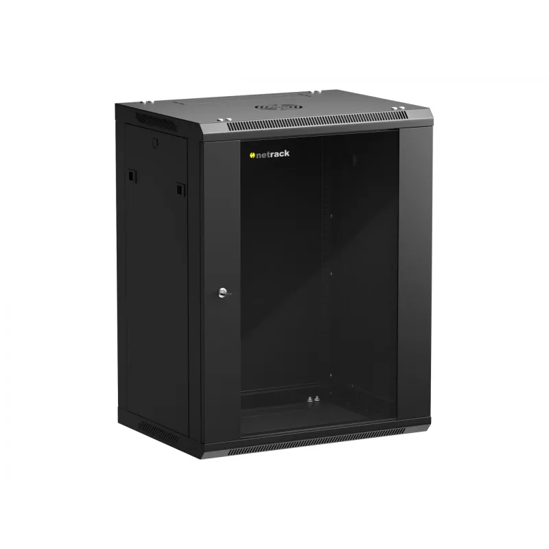 Armario de pared/colgante NETRACK 019-150-645-022 19 pulgadas 15HE/450 mm puerta de cristal negro paneles laterales desmontables