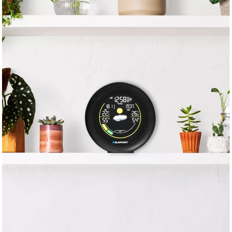 Estación meteorológica BLAUPUNKT WS35BK APP – pantalla LCD, temperatura y humedad, alarma, calendario, conectividad por app, 94×94×27 mm