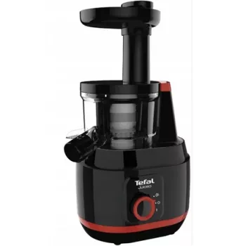 Exprimidor lento Tefal Juiceo ZC150 – 150 W, boca de llenado de 4,5 cm, recipientes de zumo y pulpa de 0,8 l, 80 RPM, negro/rojo