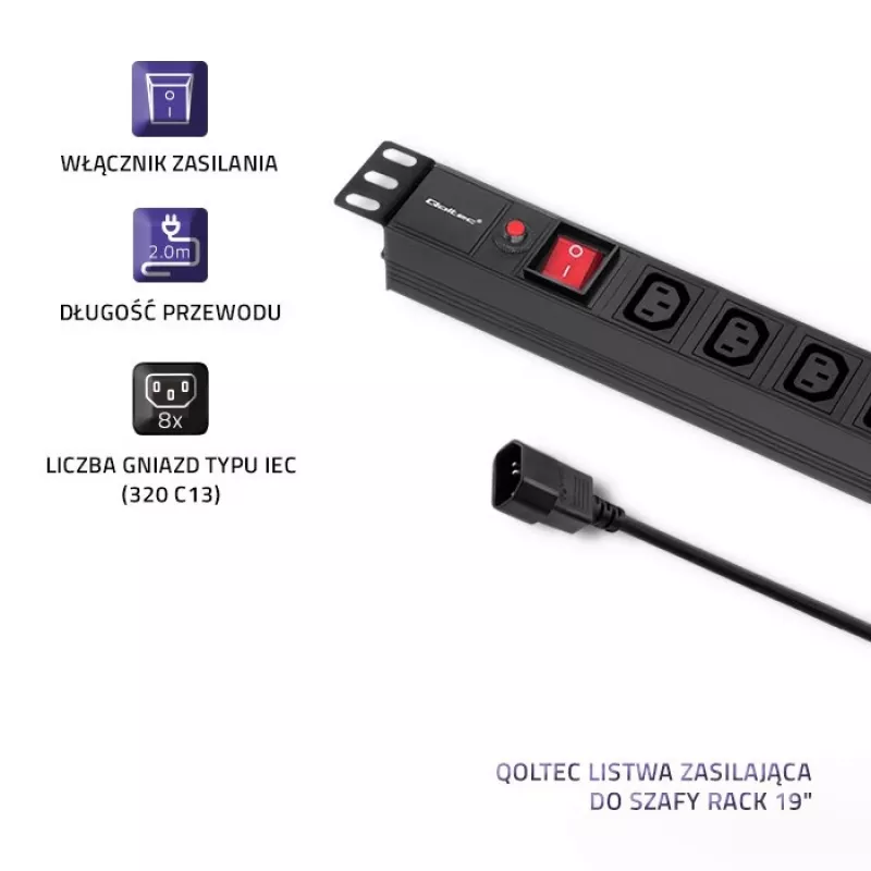 Qoltec 53998 regleta de enchufes para RACK 19 | 1U | 10A | PDU | 8xIEC C13 | 2m