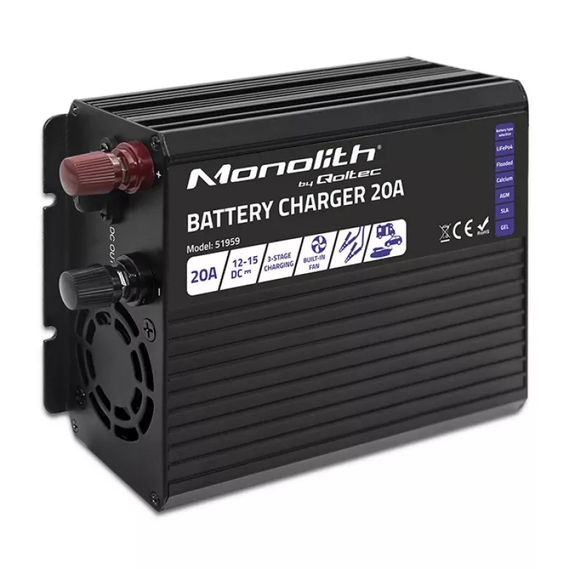 Cargador QOLTEC Monolith 20 A 12 V para baterías LiFePO4, AGM, GEL, SLA