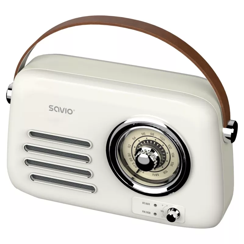 Radio portátil SAVIO RS-02 — sintonizador FM analógico, Bluetooth 5.3, alimentación por USB, 3 W, blanco