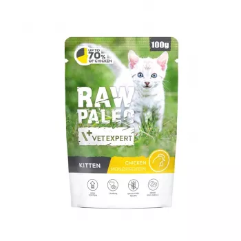 Comida húmeda para gatos VETEXPERT Raw Paleo Kitten Chicken 100 g — alimento completo para gatitos, 80% humedad, 10,2% proteína