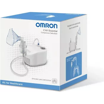 Nebulizador de mesa Omron C101 Essential — nebulizador tipo malla, 0,35 ml/min, tamaño de partícula 2,6 µm, AC 230V 50Hz, mascarilla para adultos y niños
