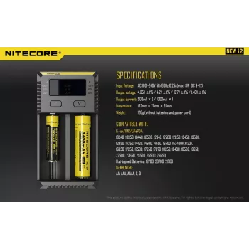 Cargador de baterías Nitecore NEW i2 — cargador de 2 canales para LiFePO4, Li-Ion, NiMH; entrada 100–240V; salida 9–12V; compatible con AAAA/C/D/AAA/AA; negro