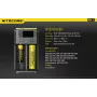 Cargador de baterías Nitecore NEW i2 — cargador de 2 canales para LiFePO4, Li-Ion, NiMH; entrada 100–240V; salida 9–12V; compatible con AAAA/C/D/AAA/AA; negro