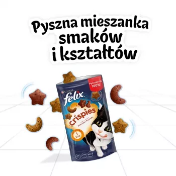 Snack seco para gatos Felix Crispies ternera y pollo 45 g — snack crujiente cárnico para gatos adultos, 31,5 % proteína, 15,5 % grasa