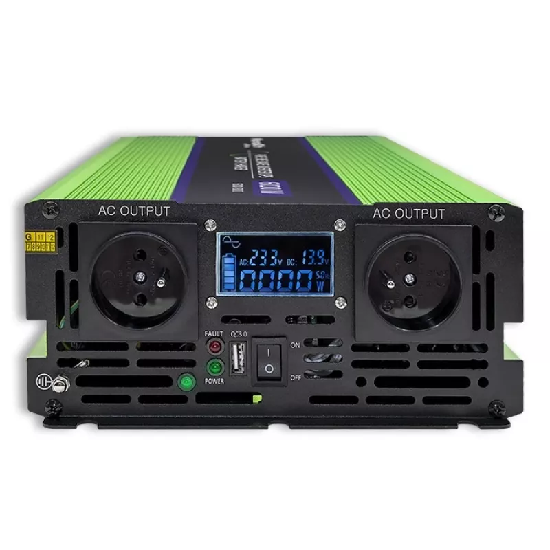 Qoltec Monolith Convertidor de tensión | Carga de batería | SAI | 2000W | 4000W | 12V a 230V | Onda senoidal pura | LCD negro-verde