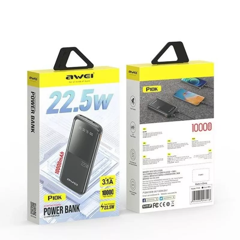 Batería externa Awei P10K 10000 mAh 22,5W negro/negro (10000mAh, 22W, 22,50Wh), batería externa, negro