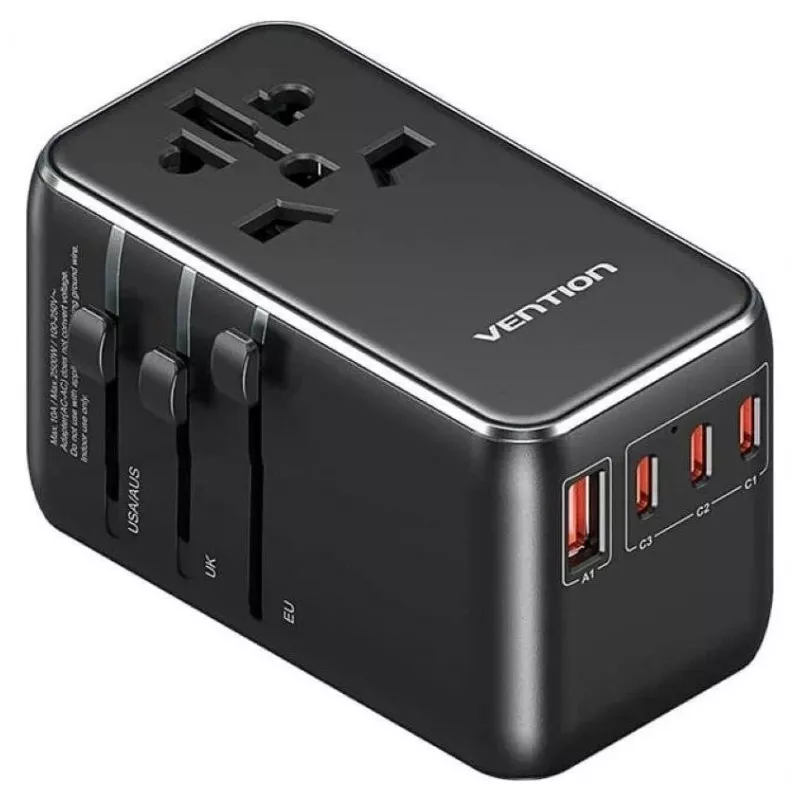 Cargador Vention FJGB0 100W GaN con 3× USB-C y 1× USB-A, negro