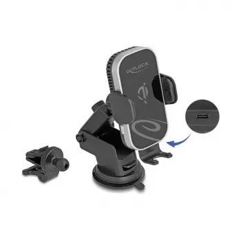 Soporte activo para coche DELOCK 66939 para teléfonos móviles — soporte con ventosa, negro/gris, compatible con carga inalámbrica
