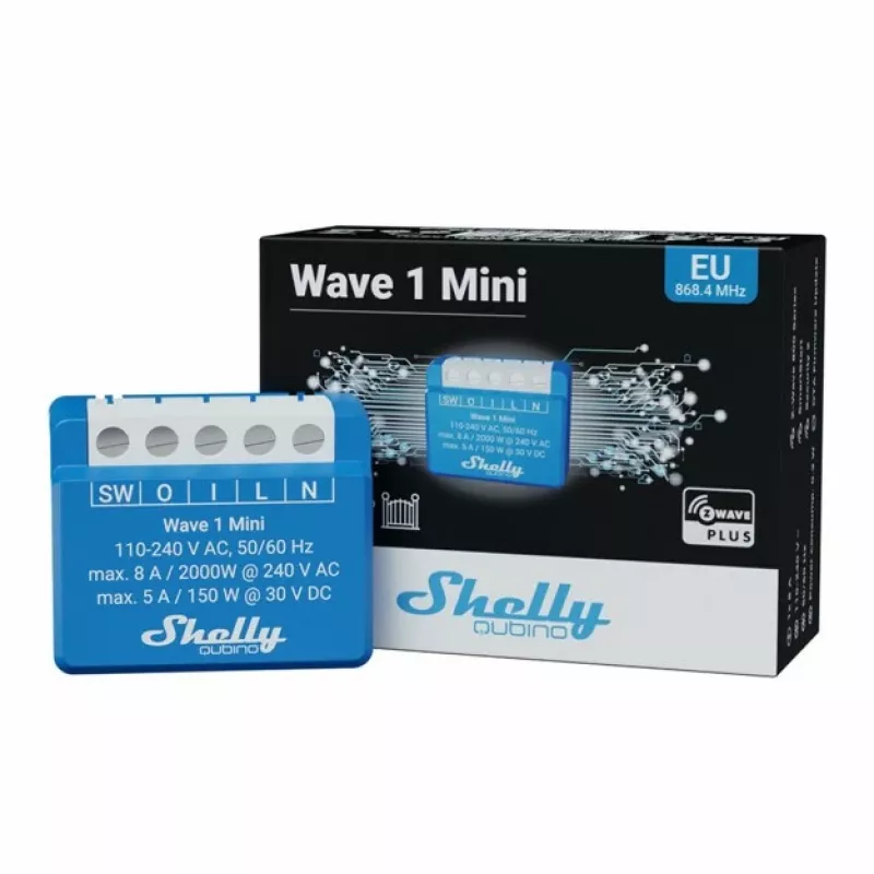 Relé inteligente Shelly Qubino Wave 1 Mini inalámbrico 110–240V, 8A AC / 5A DC, 868,4 MHz, para interiores, azul