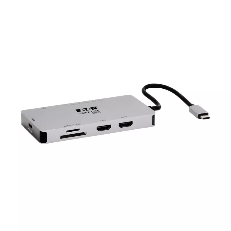 Dock USB-C Eaton Tripp Lite, doble pantalla - 4K 60 Hz HDMI, USB 3.2 Gen 1, hub USB-A, GbE, tarjeta de memoria, función de carga PD 100W, gris - Estación de acoplamiento - USB-C - 2 x HDMI - 1GbE (U442-DOCK