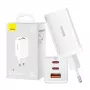 Cargador de pared Baseus GaN5 Pro 65W — USB + 2×USB-C (QC3.0, PD3.0) con cable USB-C de 1m, blanco