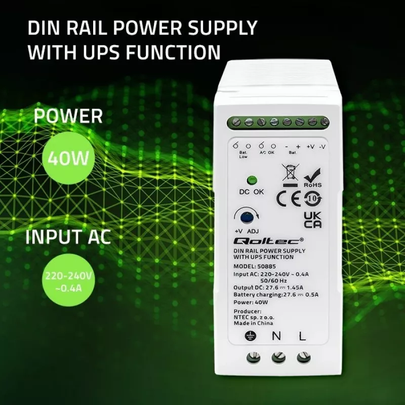 Qoltec 50885 Fuente de alimentación estable para carril DIN con función SAI | 40W
