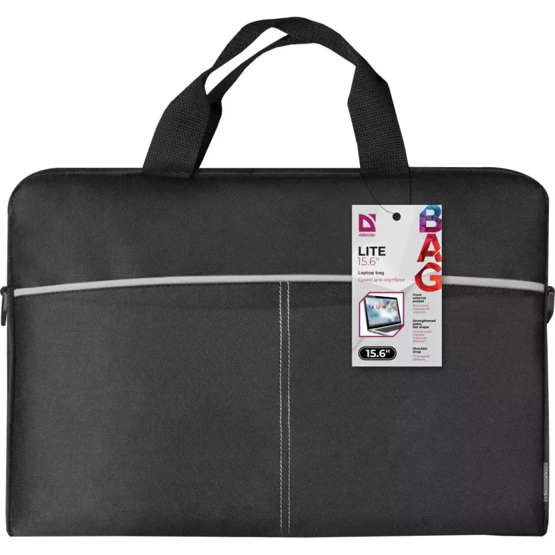 Funda para portátil DEFENDER Lite 39,6 cm (15,6 inch) negro/gris, poliéster, cremallera, asa de transporte, correa de hombro extraíble