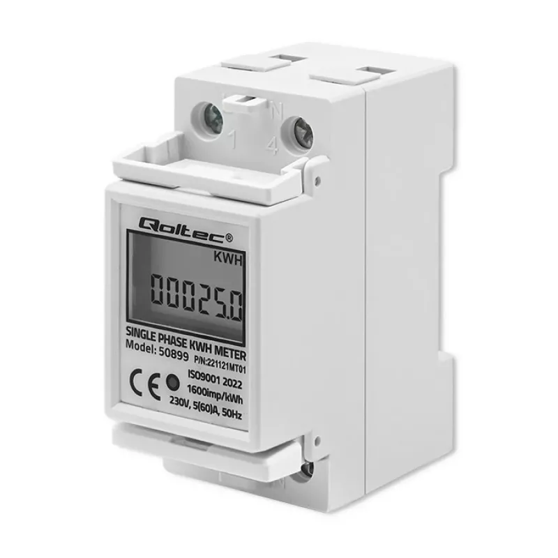Medidor de consumo eléctrico monofásico QOLTEC 50899 230 V 50 Hz, 5(60)A, clase 1.0, LCD