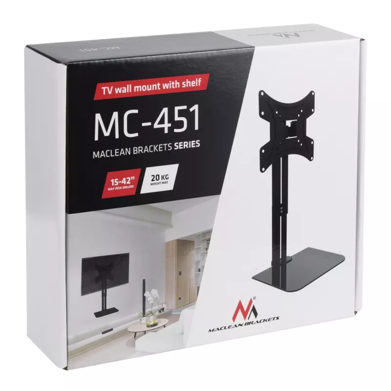 Soporte de pared para TV MACLEAN MC-451 con balda y ajuste de inclinación, VESA 75x75–200x200 mm, hasta 20 kg, para pantallas de 15 inch–42 inch