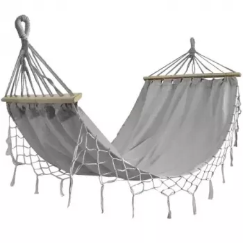 Hamaca Black Forest, gris con flecos, individual 200x100cm con estructura